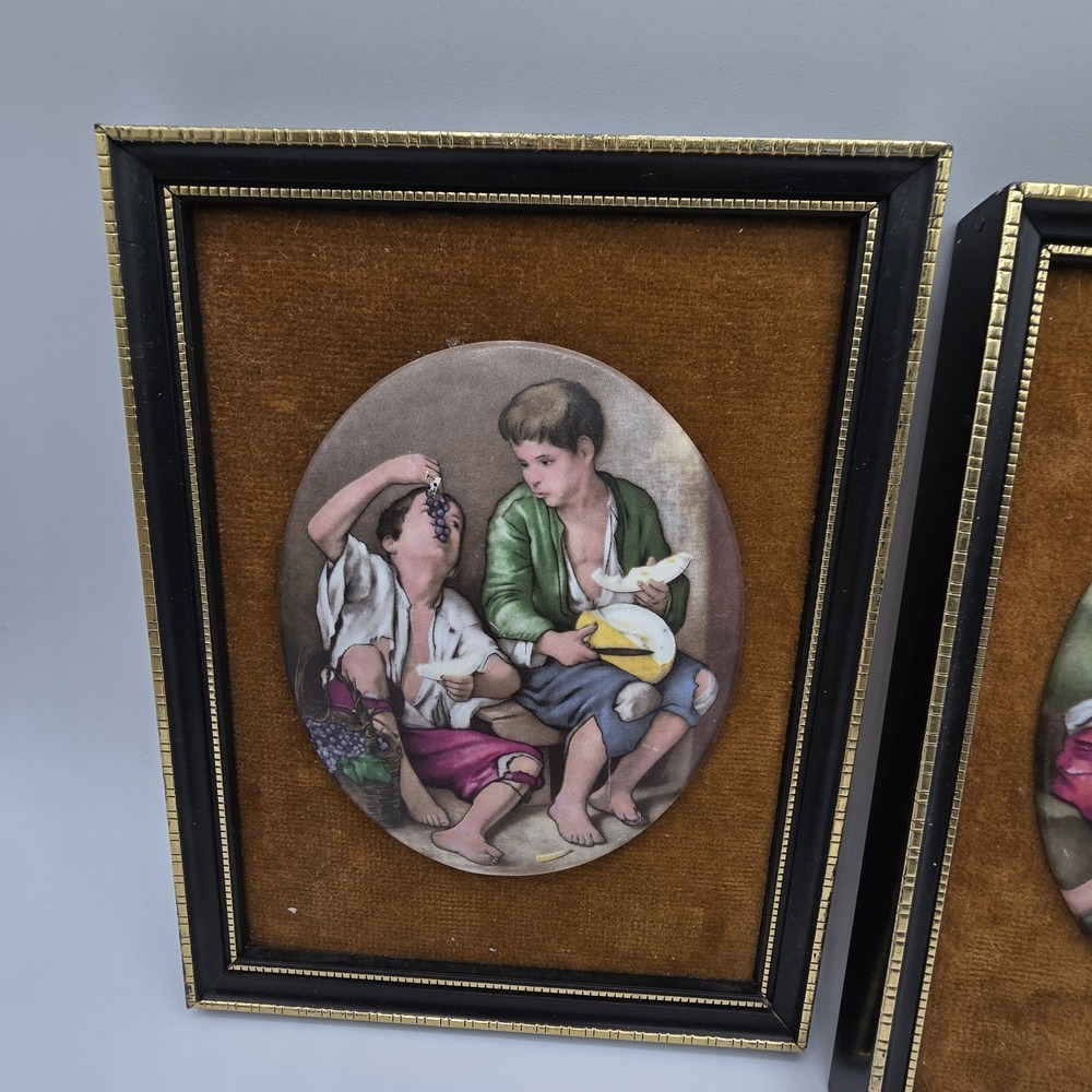 2 Vintage Murillo Bone China Miniature Porcelain in Frame Children‎ Eating - Picture 3 of 8